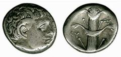 ANCIENT COINS Greek Cyrenaica No.: 134 Estimate: £ 400.- Cyrene, Stater, 308-277 BC, head of Carneius right, rev KU-RA, Silphium, 7.72g, 6h. About very fine. £400-450