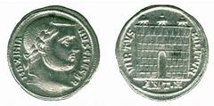 ANCIENT COINS Roman Galerius (AD 305-311) No.: 288 Estimate: £ 250.- Galerius, Argenteus 3.31g, Antioch, as Caesar, c.AD 297, MAXIMIANVS CAESAR, laureate head right, rev VIRTVS MILITVM, three-turreted