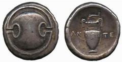 GREEK COINS Boeotia No.: 49 Estimate: £ 550.- Thebes, Stater, c.395-338 BC, Magistrate c.363-338, Boetian shield, rev AN-TI, amphora, above dolphin left, 11.94g (Hepworth 10; SNG Cop 321). Some minor 