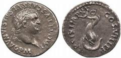 ROMAN COINS No.: 180 Estimate: £ 130.- Titus, Denarius 3.03g, AD 80, IMP TITVS CAES VESPASIAN AVG P M, laureate head right, rev TR P IX IMP XV COS VIII P P, dolphin coiled round anchor (RIC 26a; C 309