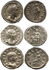 ANCIENT COINS ROMAN No.: 141 Estimate: £ 150 Julia Paula (first wife of Elagabalus), Denarius, rev Concordia (RIC 211); Julia Maesa (grandmother of Elagabalus and Severus Alexander), Denarius, rev Pud