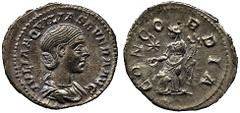 ANCIENT COINS ROMAN No.: 142 Estimate: £ 180 Aquilia Severa (second wife of Elagabalus), Denarius 3.26g, IVLIA AQVILIA SEVERA AVG, draped bust right, rev CONCORDIA, Concordia standing left, holding pa