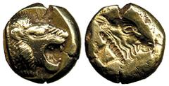 COINS ANCIENT GREEK COINAGE No.: 839 Estimate: US$ 1400 ANCIENT GREEK COINAGE, Greece, Aeolis, Lesbos, Mytilene, c.490 BC: Electrum Hekte, 2.52g, Obv lion’s head with open jaws right, Rev incuse calf’