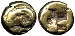 COINS ANCIENT GREEK COINAGE No.: 840 Estimate: US$ 1000 ANCIENT GREEK COINAGE, Greece, Aeolis, Lesbos, Mytilene, c.480-440 BC: Electrum Hecte, 2.49g, Obv ram’s head left, Rev incuse square (cf SNG von