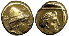 COINS ANCIENT GREEK COINAGE No.: 841 Estimate: US$ 1300 ANCIENT GREEK COINAGE, Greece, Aeolis, Lesbos, Mytilene, c.350-340 BC: Electrum Hecte, 2.54g, Obv head of youthful Kabeiros right wearing laurea