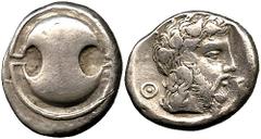 ANCIENT COINS GREEK Boeotia No.: 43 Estimate: £ 1100 Thebes, Stater, c.425-395 BC, Boeotian shield, rev Q-E, bearded head of Dionysus right, wearing ivy wreath; all within concave incuse, 12.14g (Myro