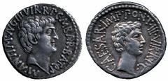 ANCIENT ROMAN IMPERATORIAL AND IMPERIAL SILVER COINS, Mark Antony and Octavian, Denarius, Ephesus, 41 BC, M ANT IMP AVG III VIR R P C M BARBAT Q P, bare head of Antony right, rev CAESAR IMP PONT III V