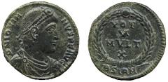 ANCIENT COINS, ROMAN IMPERIAL COINS, Jovian (AD 363-364) Jovian, AE 3, 2.72g, Sirmium, D N IOVIANVS P F AVG, pearl-diademed, draped and cuirassed bust right, rev VOT / V / MVLT / X within wreath, BSIR
