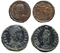 ANCIENT COINS, ROMAN IMPERIAL COINS, Theodosius I (AD 379-395) Theodosius I, AE 3, 2.84g, Antioch, DN THEODOSIVS PF AVG, diademed, draped and cuirassed bust right, rev CONCOR-DIA AVGGG Constantinople 