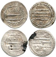 Islamic Coins. Abbasid, al-Mahdi, Dirham, Qasr al-Salam 167h (Lowick 1473; A 215.1); al-Hadi, Dirham, al-Haruniya 170h, with the name of the governor Yazid b. Mazyad (Lowick 877; A 217). The first ver