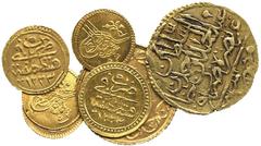 ISLAMIC. Ottoman, Abdul Hamid I (1187-1203h), Zeri Mahbub, Misr 1187h, year 2; other Ottoman gold coins (5), minor denominations; Tunisia, gold 5-Piastres, 1289h. Very fine to extremely fine. (7) Esti