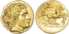 Ancient Coins Kingdom of Macedon, Philip III Arrhidaios (323-317 BC) AV Stater, mint of Kolophon, c. 322-319 BC, 8.58g. Laureate head of Apollo, with the facial features of Alexander the Great, facing