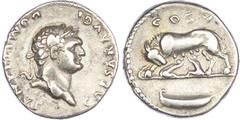 Ancient Coins Domitian (AD 81-96) AR Denarius, Rome, struck as Caesar, AD 77-78, 3.20g. Laureate head of Domitian right. Rev. Wolf and twins, boat below. (RIC 961). Very Fine.