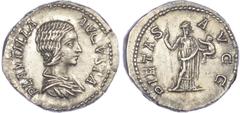 Ancient Coins Plautilla (AD 202-205) AR Denarius, Rome, 3.97g. Draped bust of Plautilla right. Rev. Pietas standing right, holding infant. (RIC 367). Extremely Fine.