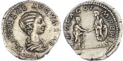 Ancient Coins Plautilla (AD 202-212) AR Denarius, Rome, 3.42g. Draped bust of Plautilla right. Rev. Plautilla and Caracalla standing facing, clasping hands. (RIC 362). Good Very Fine.