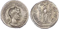 Ancient Coins Macrinus (AD 217-218) AR Denarius, Rome, 2.97g. Laureate and cuirassed bust of Macrinus right. Rev. Fides Militum standing facing, holding two standards. (RIC 68). Good Very Fine.