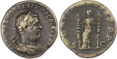 Ancient Coins Macrinus (AD 217-218) AE Sestertius, Rome, 19.66g. Laureate and draped bust of Macrinus right. Rev. Fides Militum standing facing, holding two standards. (RIC 141). Fine. Heavily worn an