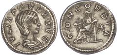 Ancient Coins Julia Paula (AD 219-220) AR Denarius, Rome, 2.90g. Draped bust of Julia right. Rev. Concordia seated left, holding patera, star behind. (RIC 211). Good Very Fine.