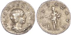 Ancient Coins Julia Maesa (AD 218-224/5) AR Denarius, Rome, 3.30g. Draped bust of Julia Maesa right. Rev. Pietas standing left, altar to left. (RIC 266). Good Very Fine.