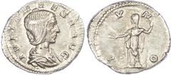 Ancient Coins Julia Maesa (AD 218-224/5) AR Denarius, Rome, 3.11g. Draped bust of Julia Maesa right. Rev. Juno standing left, holding sceptre and patera. (RIC 241). Good Very Fine.
