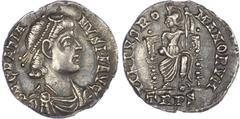 Ancient Coins Gratian (AD 367-383) AR Denarius, Trier, AD 378-383, 1.74g. Diademed, draped and cuirassed bust of Gratian right. Rev. Roma seated facing, holding spear and globe. (RIC 58a). About Extre