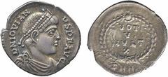 Coins. Commodus Medallion. ex Platt Hall Collection. Jovian (AD 363-364), Silver Reduced Siliqua, Nicomedia, D N IOVIANVS P F AVG, pearl-diademed, draped and cuirassed bust right, rev VOT / V / MVLT /