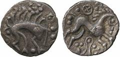 COINS. ANCIENT BRITISH. Iceni, Early Uninscribed (late 1st Century BC), Silver Unit, boar right, pellets around, rev celticised horse right, four-spoked wheel above, pellets around, 0.77g (VA 659-1; S