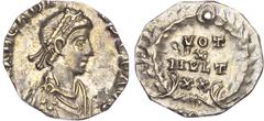 Ancient Rome Arcadius (AD 383-408) AR Siliqua (?), Milan, 0.77g. Diademed, draped and cuirassed bust right. Rev. VOT / X / MVLT / XX, [MDPS] in exergue. (RIC-). Apparently unpublished. The catalogued 