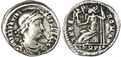 Coins Ancient Rome Valentinian I (AD 364-375) AR Siliqua, Trier, AD 376-375, 2.11g. Diademed, draped and cuirassed bust of Valentinian right. Rev. Roma seated left, holding sceptre and Victory on glob