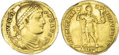 Coins Ancient Rome Valens (AD 364-378) AV Solidus, Antioch, c. AD 367, 4.29g. Diademed, draped and cuirassed bust of Valens right. Rev. Emperor standing left, head right, holding labarum and Victory o
