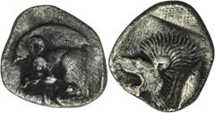 ANCIENT COINS Greece, Mysia, Kyzikos, HemiobolGreeceMysia, Kyzikos, Hemiobol 480-400 BCObverse: forepart of boar leftReverse: head of lion leftDiameter 9 mm, weight 0.37 gGrecjaMyzja, Kyzikos, Hemiobo