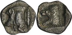 ANCIENT COINS Greece, Mysia, Kyzikos, HemiobolGreeceMysia, Kyzikos, Hemiobol 480-400 BCObverse: forepart of boar left, tunny fish swimming upwards behind Reverse: head of lion leftDiameter 8 mm, weigh