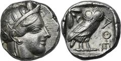 ANCIENT COINS Greece, Attica, Athens, TetradrachmGreeceAttica, Athens, Tetradrachm 454-404 BCObverse: head of Athena in the helmet facing rightReverse: owl standing to the right, with its head turned 