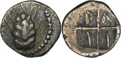 ANCIENT COINS Greece, Macedonia, Tragilos, HemiobolGreeceMacedonia, Tragilos, Hemiobol 450-410 BCObverse: ear of grain in dotted borderReverse: T-Ρ-I-A within quadripartite incuse square Diameter 8 mm