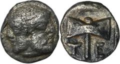 ANCIENT COINS Greece, Troas, Tenedos, ObolGreece Troas, Tenedos, Obol 450-387 BC Obverse: janiform head, female on left, male on right Reverse: double axe in incusum square, below letters T-EDiameter 