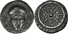 ANCIENT COINS Greece, Thrace, Mesembria, DiobolGreeceThrace, Mesembria, Diobol 400-350 BC Obverse: corinthian helmet facing Reverse: M-E-T-A within wheel Diameter 9 mm, weight 0.82 g GrecjaTracja, Mes