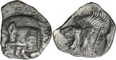 ANCIENT COINS Greece, Mysia, Kyzikos, ObolGreeceMysia, Kyzikos, Obol, 450-400 BCObverse: forepart of boar leftReverse: head of lion leftDiameter 12 mm, weight 0.65 gGrecjaMyzja, Kyzikos, Obol, 450-400