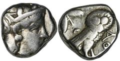 ANCIENT COINS Greece, Attica, Athens, TetradrachmGreeceAttica, Athens, Tetradrachm 393-355 BCObverse: head of Athena in the helmet facing rightReverse: owl standing to the right, with its head turned 