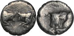 ANCIENT COINS Greece, Caria, TetartemorionGreeceCaria, uncertain city, Tetartemorion circa 387-377 BCObverse: confronted foreparts of two bulls buttingReverse: forepart of bull butting left within inc