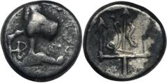 ANCIENT COINS Greece, Thrace, Byzantion, HemidrachmGreeceThrace, Byzantion, Hemidrachm 387-340 BCObverse: forepart bull left on dolphin, ΠΥ above, monogram to leftReverse: ornamental tridentDiameter 1