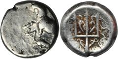 ANCIENT COINS Greece, Thrace, Byzantion, HemidrachmGreeceThrace, Byzantion, Hemidrachm 387-340 BCObverse: forepart bull left on dolphin, ΠΥ above, monogram to leftReverse: ornamental tridentDiameter 1