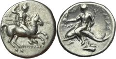 ANCIENT COINS Greece, Calabria, Tarentum, NomosBeautiful didrachm (sometimes also called a nomos) minted in Tarentum - one of the most important poles in Calabria. GreeceCalabria, Tarentum, Didrachm 2