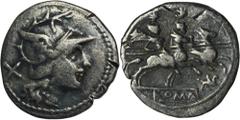 ANCIENT COINS Roman Republic, Anonymous issue, DenariusRoman RepublicAnonymous issue, Denarius 211-208 BC, Rome mintObverse: helmeted head of Roma right, X on left Reverse: Dioscuri galloping right, g