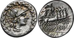 ANCIENT COINS Roman Republic, Cn. Gellius, DenariusRoman Republic Cn. Gellius (138 BC), Denarius 138 BC, Rome mint Obverse: helmeted head of Roma to right, X to left, laurel-wreath as border Reverse: 