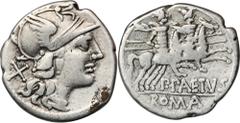 ANCIENT COINS Roman Republic, P. Paetus, DenariusRoman Republic P. Paetus (138 BC), Denarius 138 BC, Rome mint Obverse: helmeted head of Roma right, X letter behind Reverse: Dioscuri galloping right, 