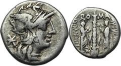 ANCIENT COINS Roman Republic, Tiberius Minucius, DenariusRoman Republic Tiberius Minucius (134 BC), Denarius 134 BC, Rome mintObverse: helmeted head of Roma right, crossed X behind Reverse: spiral col