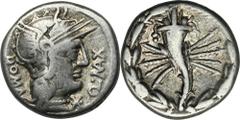 ANCIENT COINS Roman Republic, Q. Fabius Maximus, DenariusRoman RepublicQ. Fabius Maximus, Denarius 127 BC, Rome mint Obverse: Helmeted head of Roma, right, with star on helmet flapROMA Q·MAX Reverse: 