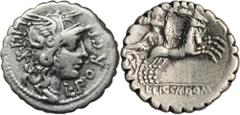 ANCIENT COINS Roman Republic, Cn. Domitius Ahenobarbus, L. Licinius Crassus, L. Porcius Licinius, DenariusRoman RepublicCn. Domitius Ahenobarbus, L. Licinius Crassus, L. Porcius Licinius, Denarius 118