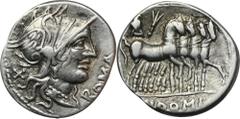 ANCIENT COINS Roman Republic, Cn. Domitius Ahenobarbus, DenariusRoman RepublicCn. Domitius Ahenobarbus, Denarius 116-115 BC, Rome mintObverse: helmeted head of Roma right, curl on left shoulder, X beh