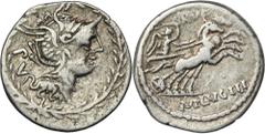 ANCIENT COINS Roman Republic, M. Lucilius Rufus, DenariusRoman RepublicMarcus Lucilius Rufus (101 BC), Denarius 101, Rome mintObverse: helmeted head of Roma to right, PV before, all in wreath Reverse: